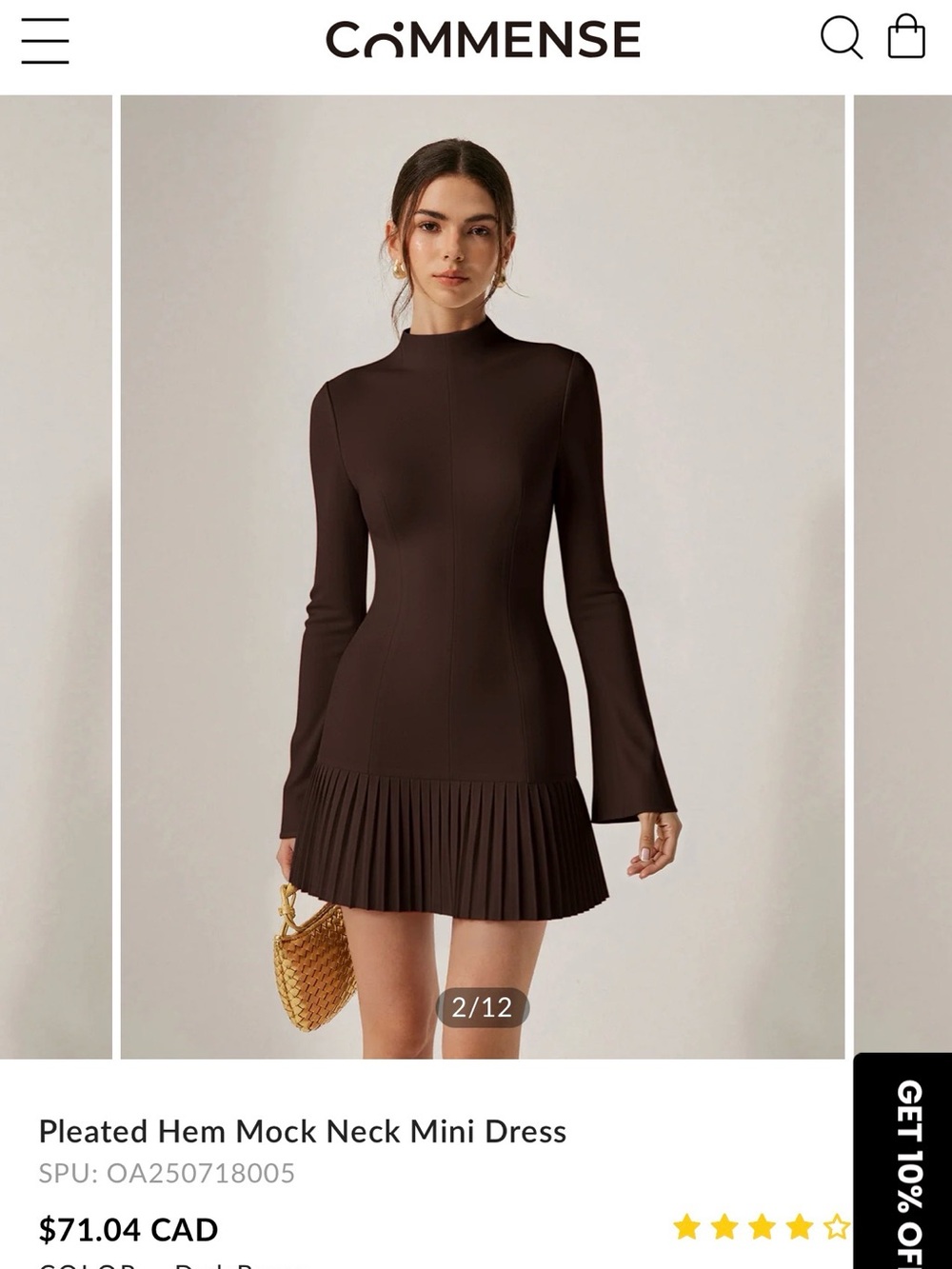 Commense Chocolate Brown Mock Neck Pleated-Hem Mini Dress